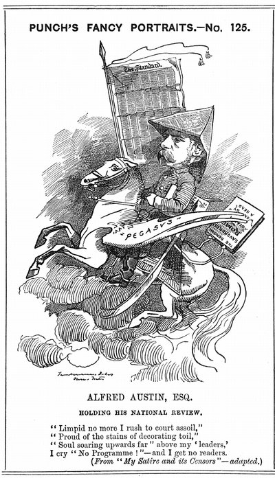 Alfred Austin (1835-1913) poète lauréat britannique à partir de 1896. Caricature par Edward Linley Sambourne (1844-1910) dans la série Fancy Portraits dans Punch, Londres, 3 mars 1883, lorsque Austin est devenu rédacteur en chef de National Review. Gravure - Edward Linley Sambourne