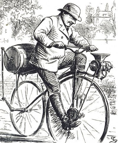 Dessin humoristique représentant un vélo moulin à café - Edward Linley Sambourne
