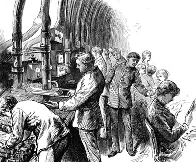 Gravure représentant le transport pneumatique utilisé par la Poste générale pour transporter des colis sous Londres - Edward Linley Sambourne