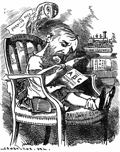 Evelyn Ashley (1836-1907) auteur anglais et homme politique libéral : fils du 7e comte de Shaftesbury. Caricature par Edward Linley Sambourne dans la série Fancy Portraits de Punch Londres avril 1881 lorsque Ashley était sous-secrétaire au Board of Trade. - Edward Linley Sambourne