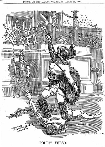 Avec le retour du gouvernement libéral en Grande-Bretagne, décembre 1905, le libre-échange était la politique, plutôt que la politique conservatrice de protection par tarif. Caricature d