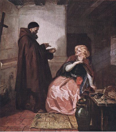 Juliette et frère Laurent (Roméo et Juliette) Prends le flacon, étant alors au lit, et bois ce liquide distillé, de The Complete Works of William Shakespeare publié par J Coker & Co Ltd - Edward Matthew Ward
