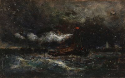 Tempête, bateau-phare de Brenton dans la tempête, phare en arrière-plan - Edward Mitchell Bannister