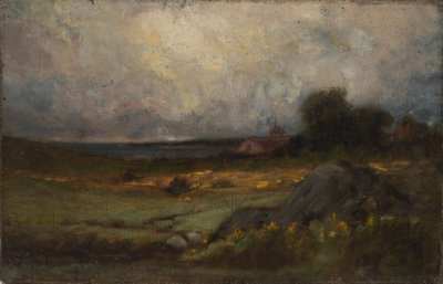 Sans titre (paysage avec rocher au premier plan et toit avec clocher, lac à l