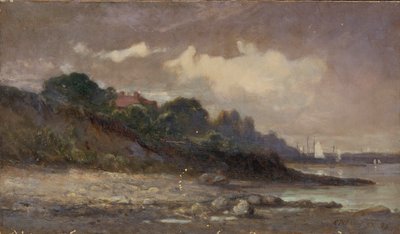 Sans titre (rivage avec voiliers et toit) - Edward Mitchell Bannister