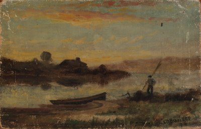 Paysage sans titre, bateau amarré près de la rive avec un homme marchant - Edward Mitchell Bannister