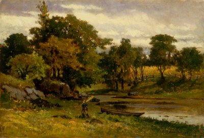 Paysage sans titre, bateau amarré près du ruisseau, homme marchant au premier plan - Edward Mitchell Bannister