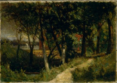 Paysage sans titre, scène de forêt avec clôture rouge et bâtiment - Edward Mitchell Bannister