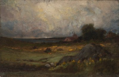 Paysage sans titre avec rocher au premier plan et toit avec clocher, lac en arrière-plan - Edward Mitchell Bannister