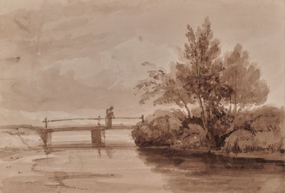 Scène de rivière avec pont en bois et personnage - Edward Pretty