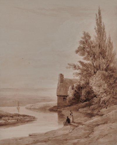 Paysage aquatique avec personnages et un petit bateau - Edward Pretty