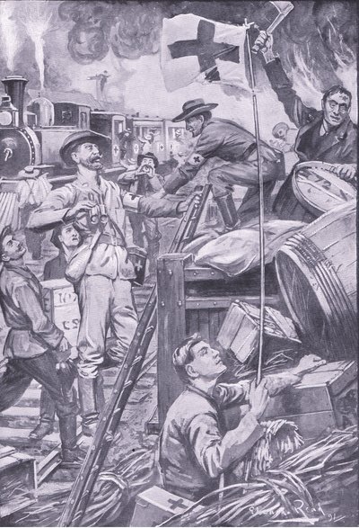 Faux ambulanciers détruisant des magasins à Komati Foort sous couvert du drapeau de la Croix-Rouge, illustration de Après Pretoria : La guerre de guérilla, 1902 - Edward Read