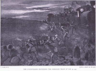 Les Coldstreams défendant un train déraillé, illustration de Après Pretoria : La guerre de guérilla, 1902 - Edward Read