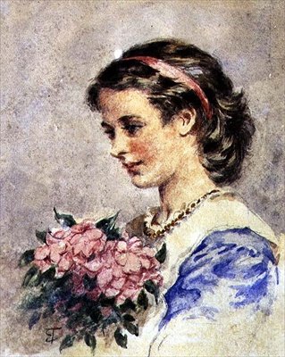 Jeune fille avec un bouquet de fleurs roses - Edward Tayler