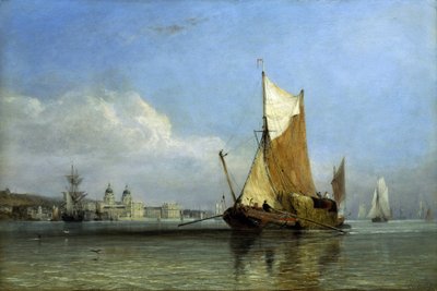 Une barge pleine de foin au large de Greenwich, sur la Tamise (Angleterre), un type de bateau à fond plat, pratique pour entrer dans les criques des fermes de Suffolk et Margate, allait et venait au cœur de Londres pour fournir du foin à des centaines de c - Edward William Cooke