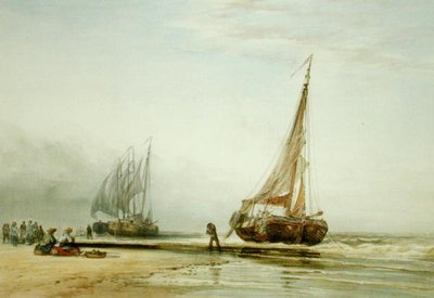 Bateaux de pêche néerlandais sur la plage avec des groupes de pêcheurs - Edward William Cooke
