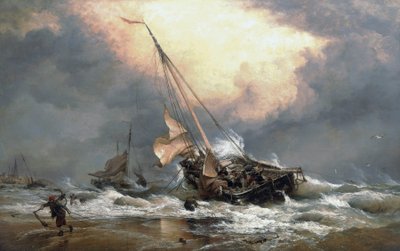 Pêcheurs tirant leurs bateaux sur le rivage de la mer du Nord, près de Scheveningen (Hollande) - Edward William Cooke