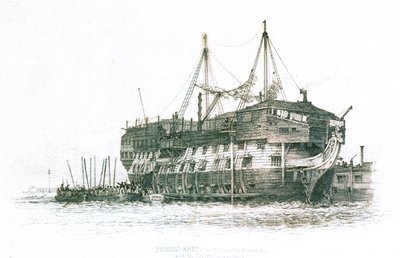 Navire-prison dans le port de Portsmouth avec les condamnés embarquant - Edward William Cooke