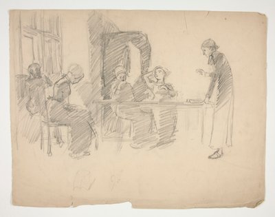 Étude précoce pour Stony Ground 1884, intérieur avec figures - Edwin Austin Abbey
