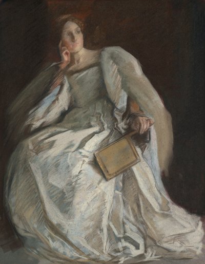 Dame en blanc assise. Main droite au menton. Tenant un éventail. - Edwin Austin Abbey
