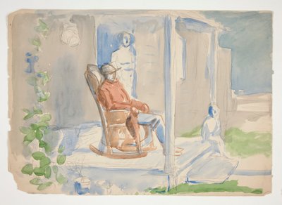 Homme dans un fauteuil à bascule sur le porche avec sa femme et son enfant - illustration non identifiée - Edwin Austin Abbey