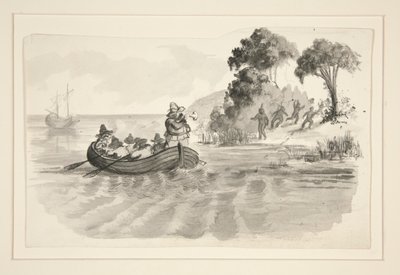 Hommes dans un canot fuyant les Indiens sur le rivage - illustration non identifiée (Christophe Colomb découvrant le Nouveau Monde?) - explorateurs débarquant dans le Nouveau Monde - Edwin Austin Abbey