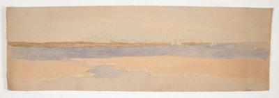Paysage fluvial avec ville sur la rive lointaine - Edwin Austin Abbey