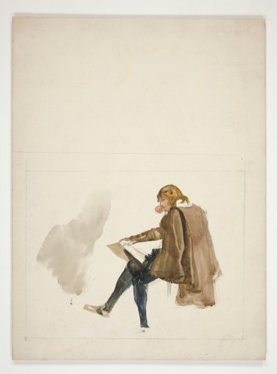Jeune homme assis en manteau brun, lisant - illustration non identifiée - Edwin Austin Abbey
