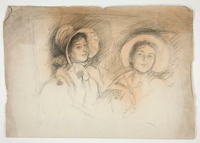 Croquis de deux jeunes femmes en bonnets (sujets non identifiés) - Edwin Austin Abbey