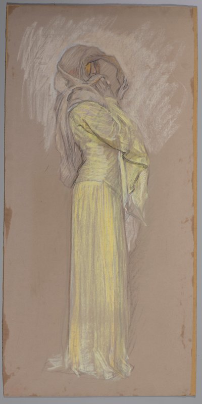 Étude, Femme en robe jaune avec voile brun sur le visage - Edwin Austin Abbey