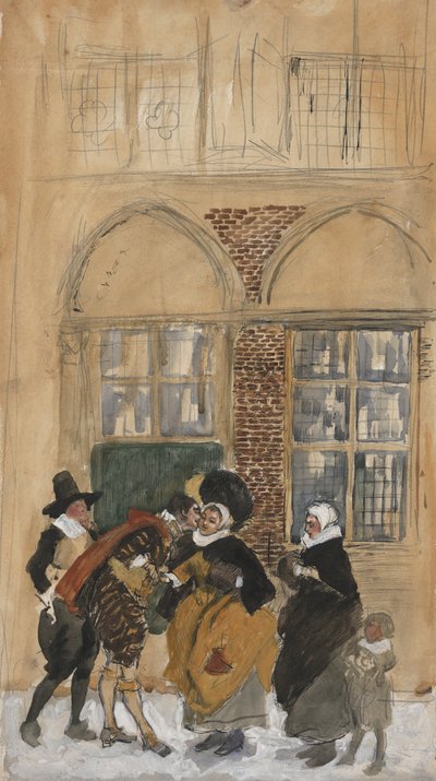 Étude de scène de figure en costume hollandais du XVIIe siècle, peut-être New Amsterdam - Edwin Austin Abbey