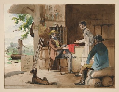 Trois hommes dans un magasin de tissus - magasin de campagne, Dolbyville - Edwin Austin Abbey