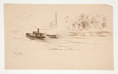 Remorqueur Poussant une Péniche sur la Rivière - Edwin Austin Abbey
