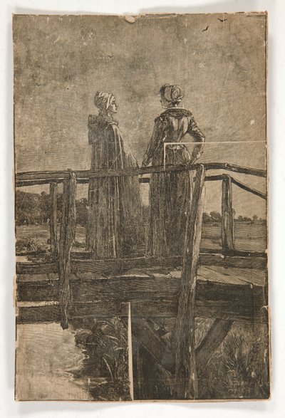 Gravure sur bois sans titre par E.A. Abbey (?) de deux dames sur une passerelle en bois - illustration pour William Black - Edwin Austin Abbey