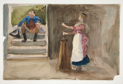 Femme barattant du beurre, homme en habit révolutionnaire regardant - (illustration non identifiée) - Edwin Austin Abbey