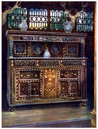 Buffet de cour en chêne sculpté et incrusté, 1910 - Edwin Foley