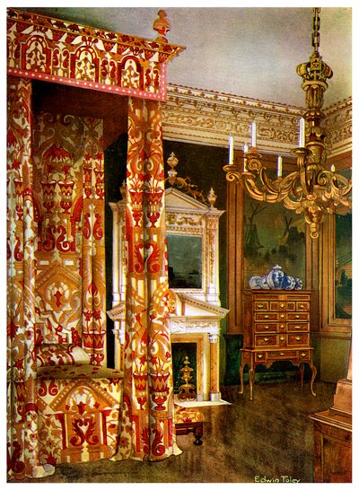 Lit de la reine Anne, commode sur un support et un candélabre en bois, 1910 - Edwin Foley