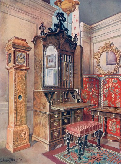 Un groupe de meubles du début du XVIIIe siècle. Cabinet en noyer. Horloge incrustée de sycomore (