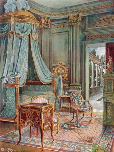 Lit à baldaquin sculpté et doré. Bureau-Toilette (ou Petit Secrétaire) en marqueterie. Cartonnier en laque verte - Edwin John Foley