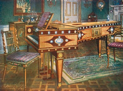 Mobilier décoratif de la fin du XVIIIe siècle. Pianoforte incrusté de bois de satin et d
