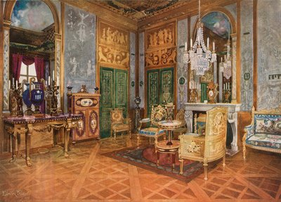 Salon de musique de la reine Marie-Antoinette, Palais de Fontainebleau, France. Console sculptée et dorée. Canapé doré en tapisserie de Beauvais. Table, montée en or moulu et avec plaques de Sèvres. Cabinet de marqueterie - Edwin John Foley