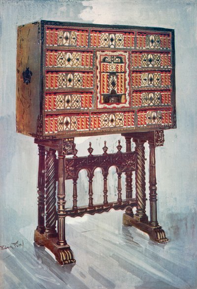 Cabinet Vargueno en châtaignier, ivoire, etc., peint et doré avec montures en fer forgé et acier : sur un support torsadé, tourné et sculpté - Edwin John Foley