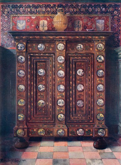 Kas en noyer incrusté et avec médaillons peints de faïence de Delft - Edwin John Foley