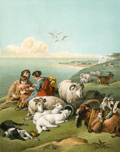 Enfants jouant avec des moutons et des chèvres sur des falaises blanches - Edwin Landseer