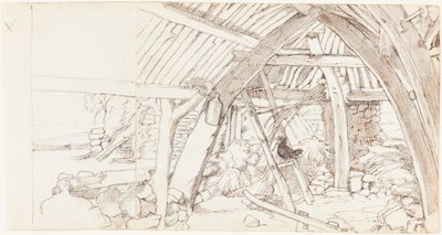 La grange (plume et encre brune sur mine de plomb sur deux feuilles de papier vélin jointes) - Edwin Landseer