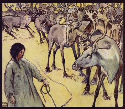 Une fille lapone avec un troupeau de rennes - Edwin Noble