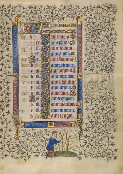 Page du calendrier pour le mois de mars ; Taille des arbres ; Bélier - Egerton Master
