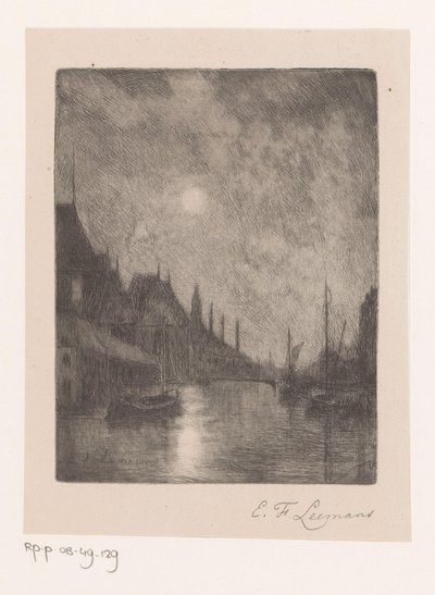 Vue de rivière dans une ville la nuit - Egide François Leemans (signed by artist)