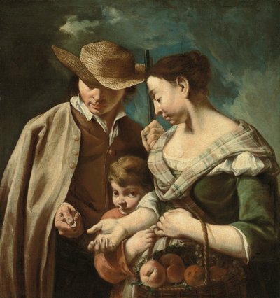 Un vendeur de fruits et un jeune garçon, avec un panier de pêches, poires et raisins, dans un paysage, avec un homme tenant un fusil et une pièce de monnaie - Egidio (attr.to) Dall