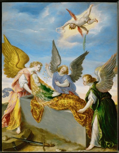 Sainte Catherine est mise au tombeau par des anges (cuivre) - Egidio van der Rye